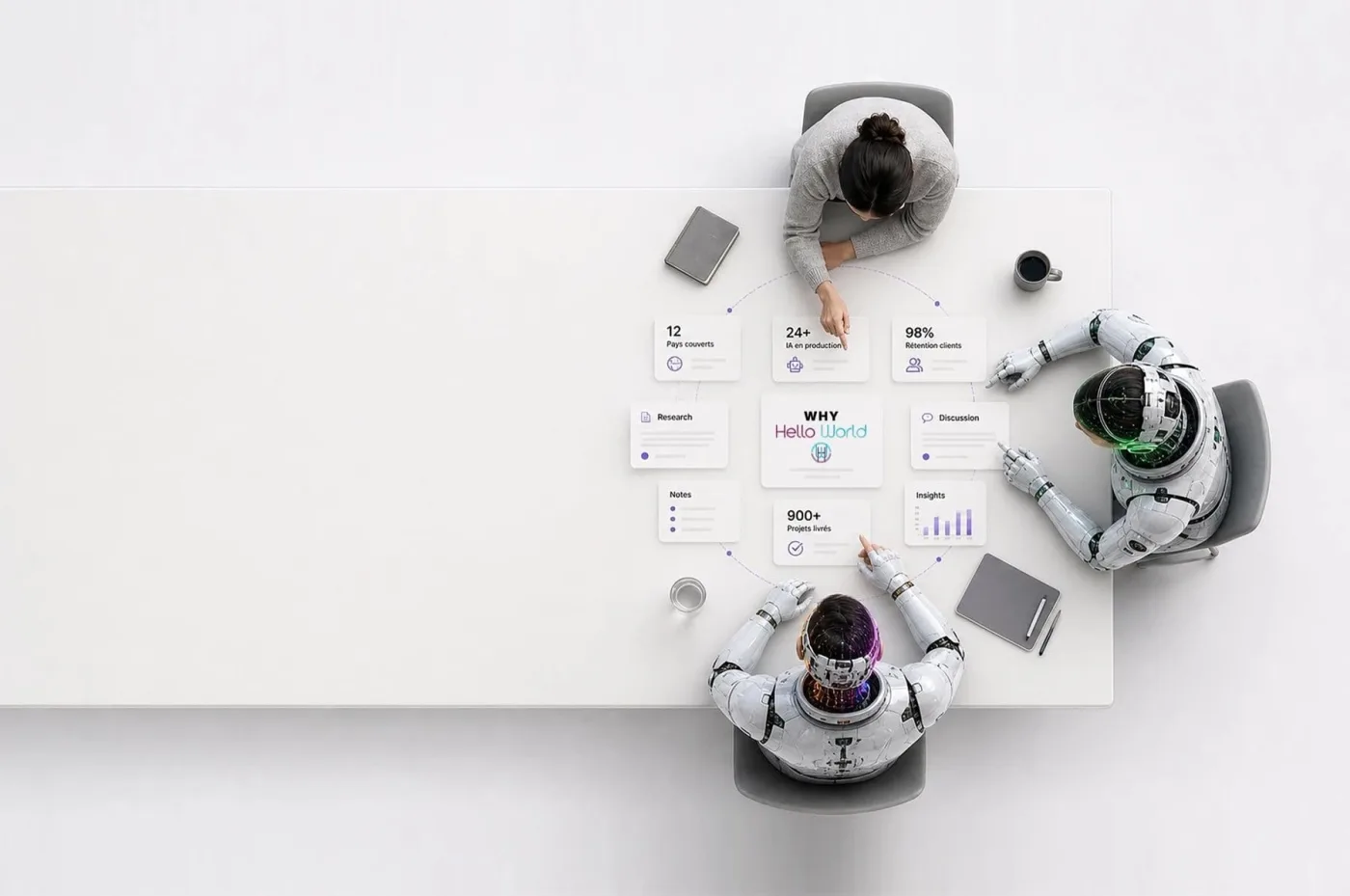 Hello World Agency — équipe humaine et robots IA en collaboration