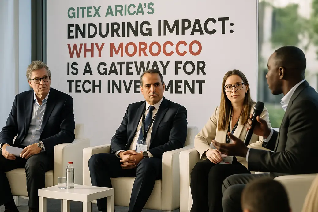 Moroccan startup team presenting at GITEX Africa with investors and partners