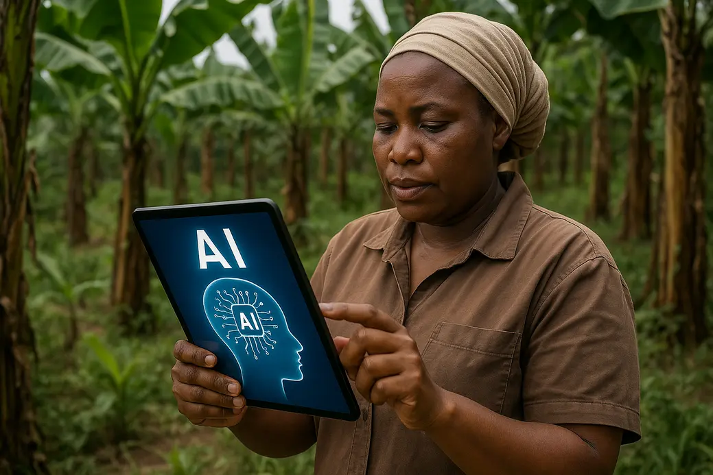 African entrepreneur using AI on solar-powered device to optimize farm yield — sustainable AI adoption 2026