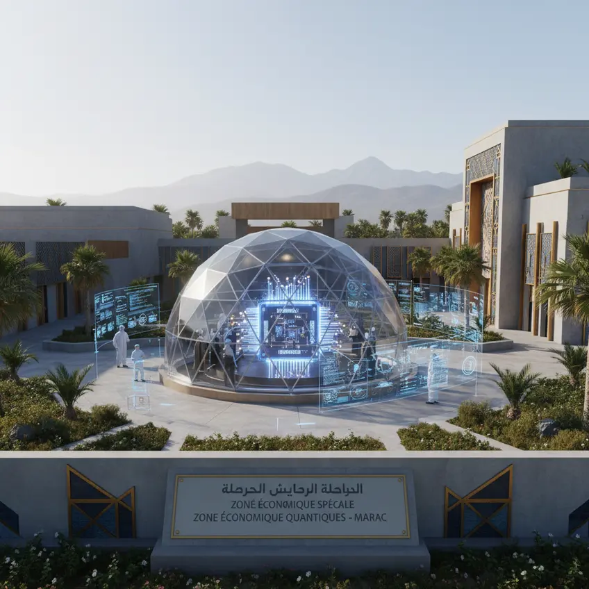 Un cerveau technologique symbolisant l'innovation quantique et le développement au Maroc