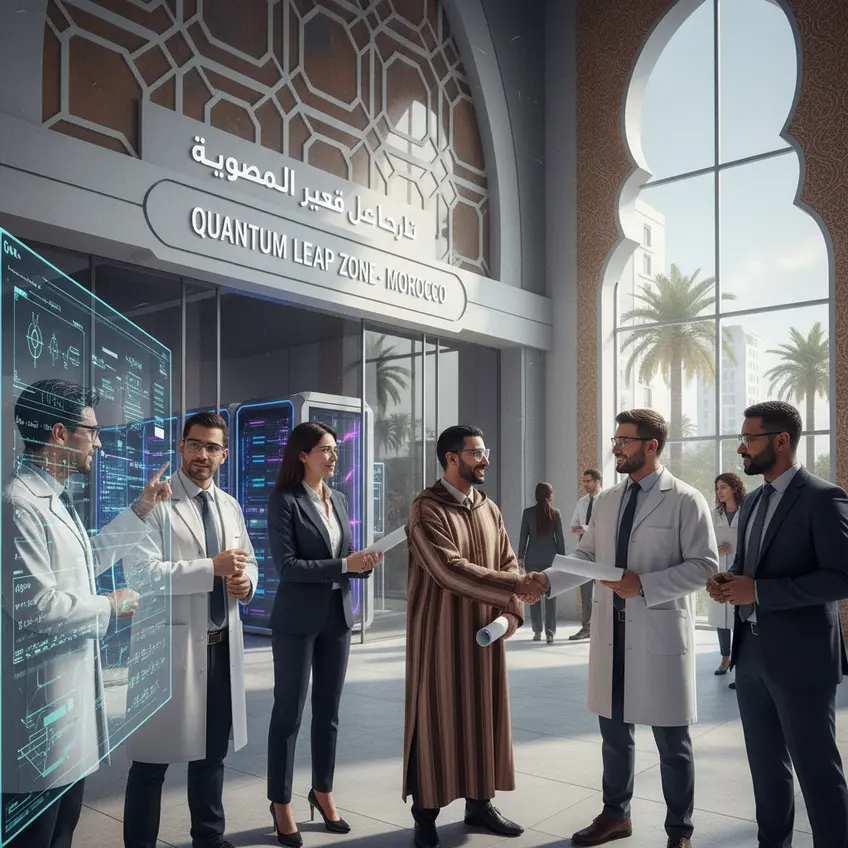 Vision futuriste d'une ville intelligente marocaine, intégrant des technologies quantiques