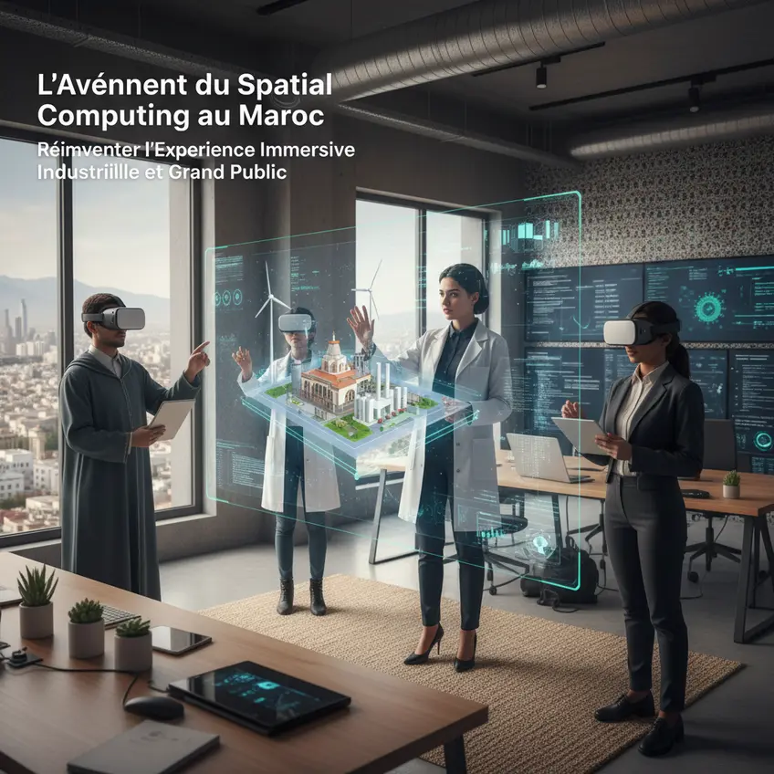 Un groupe de personnes interagissant avec des éléments numériques projetés dans un environnement de bureau moderne, symbolisant le spatial computing et ses applications professionnelles au Maroc.