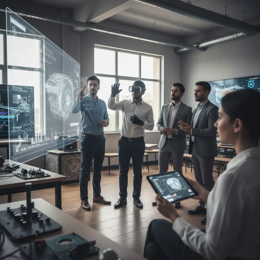 Un professionnel portant un casque de réalité mixte, interagissant avec des modèles 3D d'un bâtiment ou d'un prototype industriel, illustrant les applications du spatial computing dans le design et l'ingénierie au Maroc.