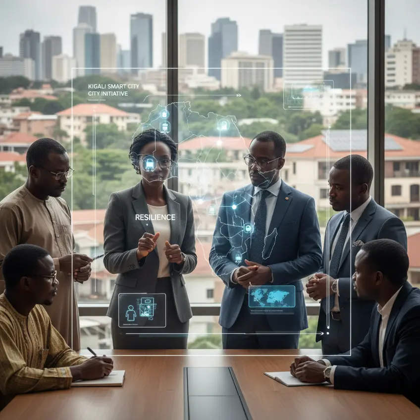 Vue aérienne d'une ville africaine moderne avec des gratte-ciel et des infrastructures vertes, symbolisant l'innovation urbaine.