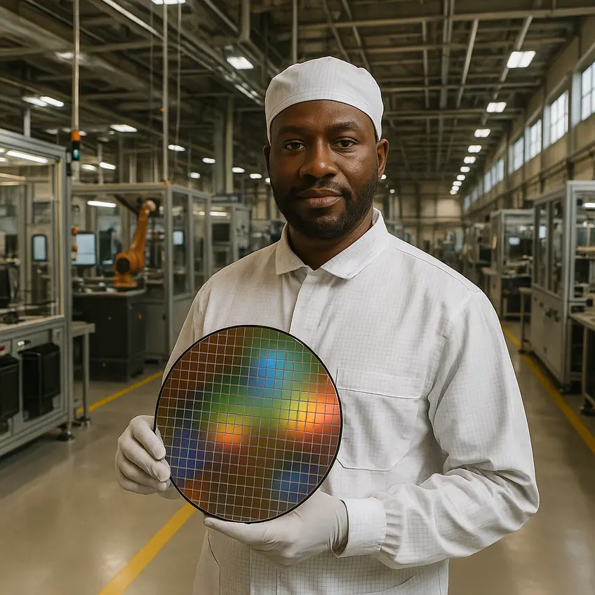 Gigafactory de semi-conducteurs en Afrique avec lignes de production automatisées et infrastructures industrielles avancées