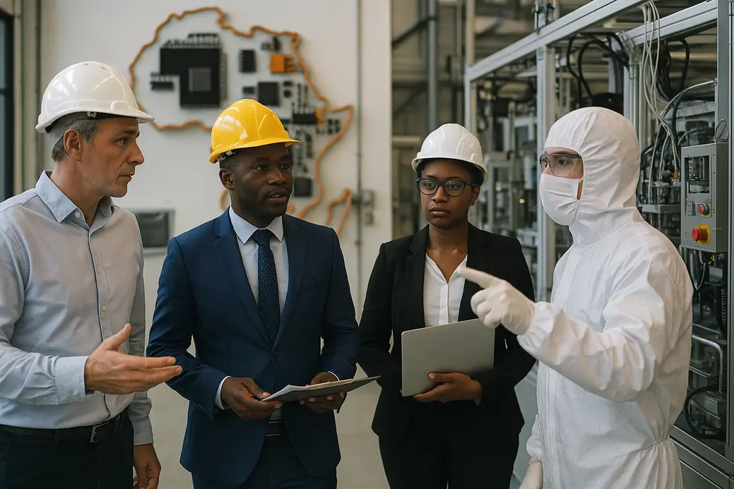 Ingénieurs africains supervisant une ligne de production de semi-conducteurs dans une usine technologique moderne
